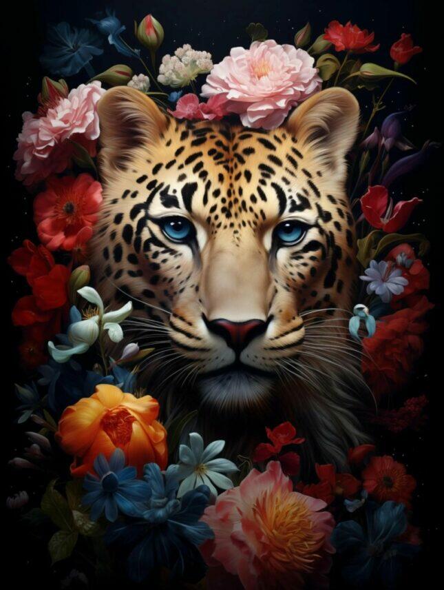 Glasschilderij - Exclusive - Staand - Panter met Bloemen Mila - meubelboutique.nl