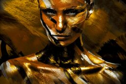 Glasschilderij - 100x150 / 80x120cm (liggend) - Exclusive - Vrouw Gouden Tint meubelboutique.nl