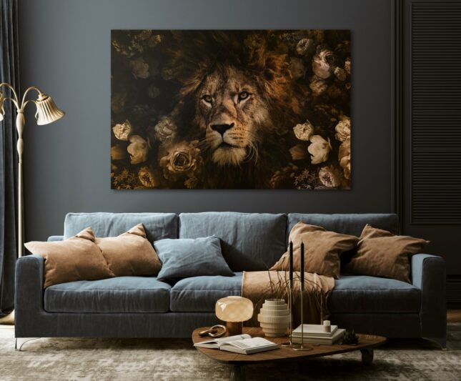 Mockup_Lion 100x150 / 80x120 / 60x90cm - Exclusive - KRUGER - Dieren - A Lion's Portrait Leeuw - Glasschilderij - meubelboutique.nl