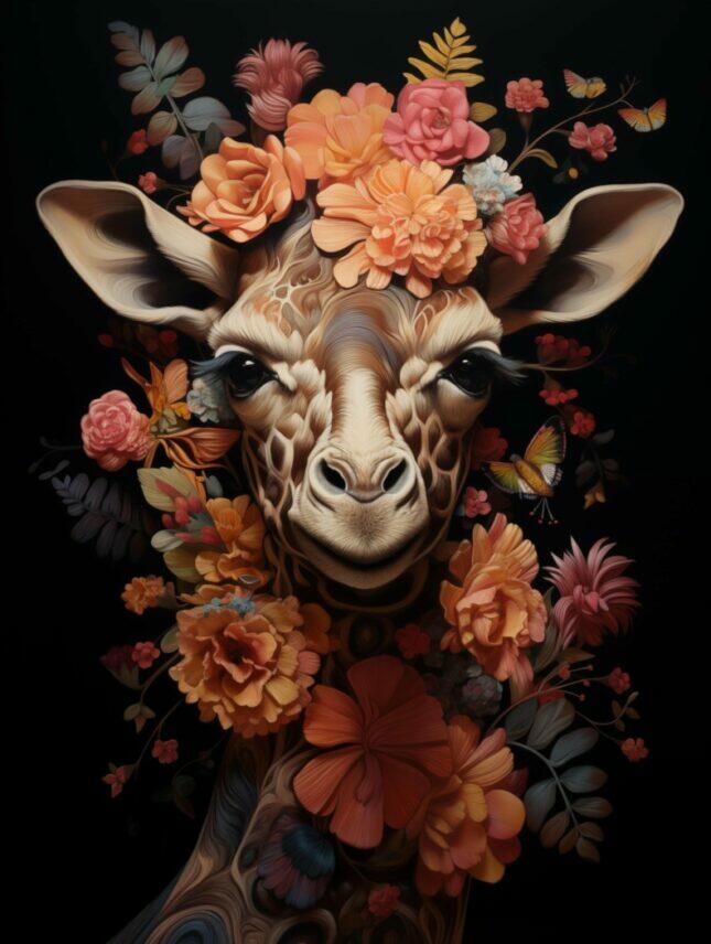 Van-Helder-Design-41-scaled-1 Glasschilderij - Exclusive - Staand - Giraf met Bloemen - meubelboutique.nl