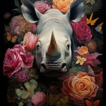 Glasschilderij - Exclusive - Staand - Neushoorn met Bloemen - meubelboutique.nl