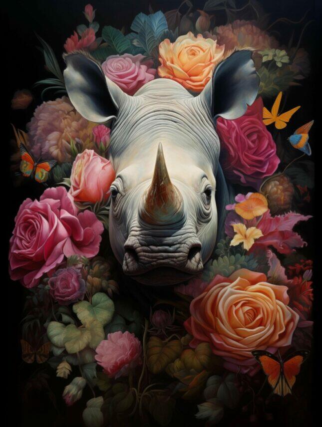 Van-Helder-Design-42-scaled-1 Glasschilderij - Exclusive - Staand - Neushoorn met Bloemen - meubelboutique.nl