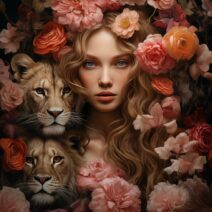 Glasschilderij - Exclusive - Staand - Vrouw met Roze Bloemen Amber - meubelboutique.nl