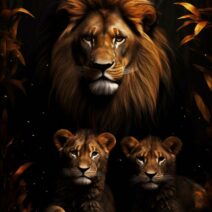 Glasschilderij - Exclusive - Staand - Leeuwenfamilie 2 Welpen Mona - meubelboutique.nl