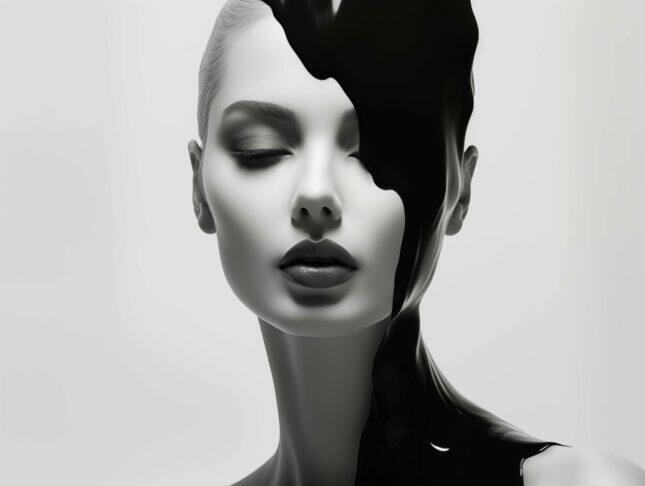 Van-Helder-Design-56-scaled-1 Glasschilderij - Exclusive - Liggend - Vrouw met Zwart Abstract - meubelboutique.nl