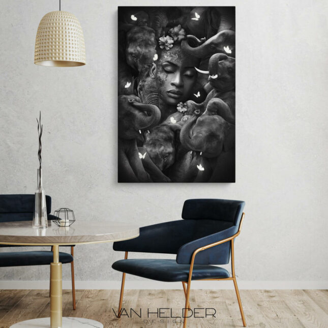 glasschilderij-vrouw-olifant-woonkamer glasschilderij-vrouw-olifant-woonkamer